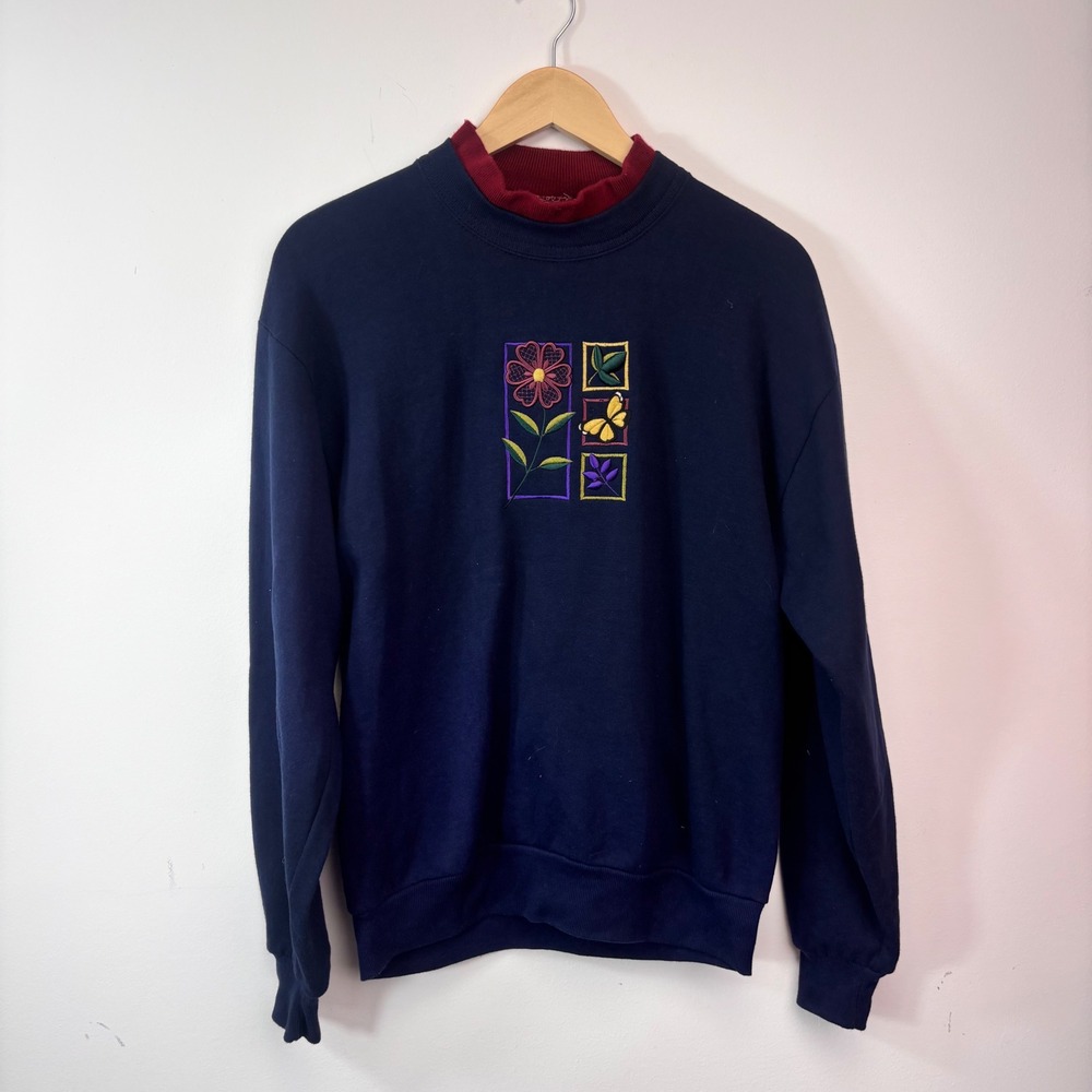 Vintage Whim Z Navy Floral Butterfly Sweatshirt Medium USA Grandmacore 90s